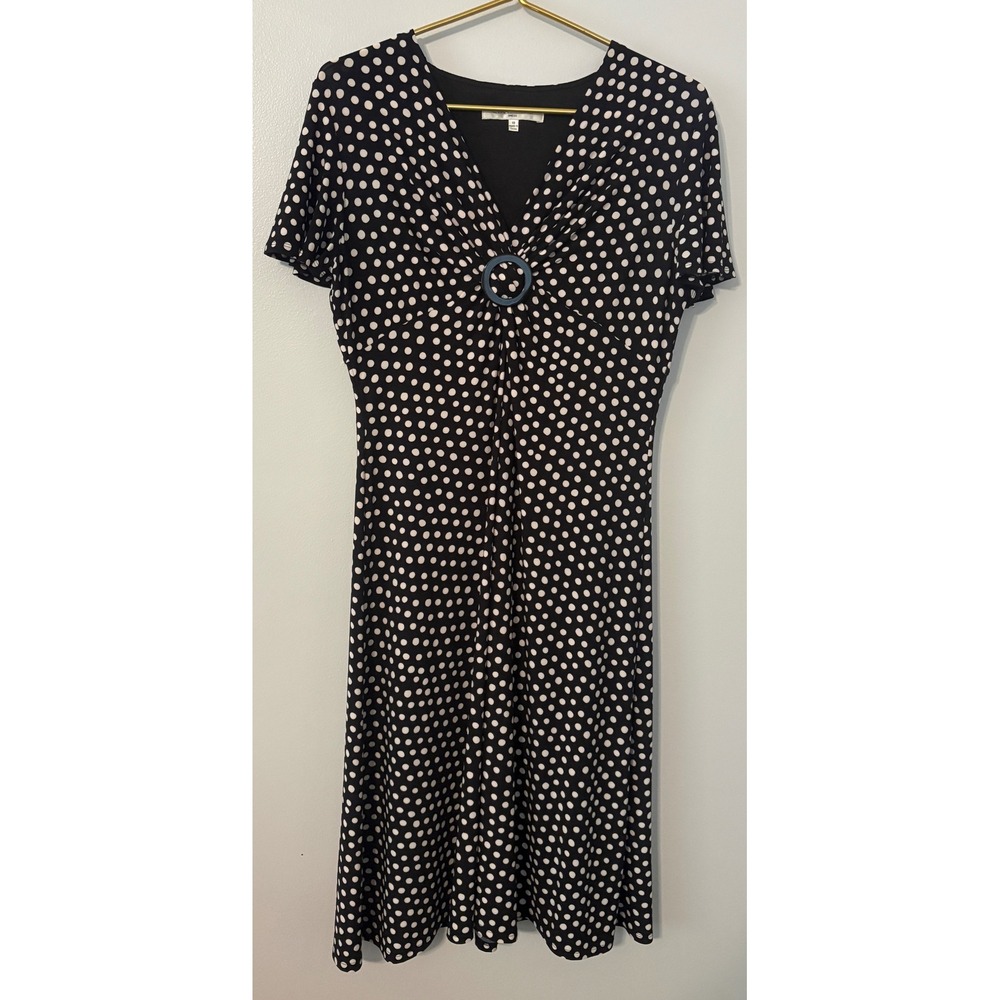 Evan-Picone Black White Polka Dot V-Neck Ring Detail Midi Dress Womens 10